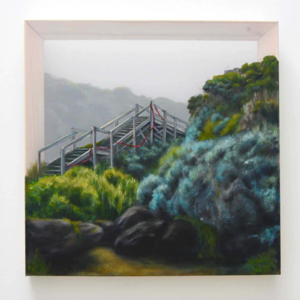 A layered artwork in moody greens showing bushland and a faded wooden timber staircase, around which is draped a bright red ribbon blowing in the wind